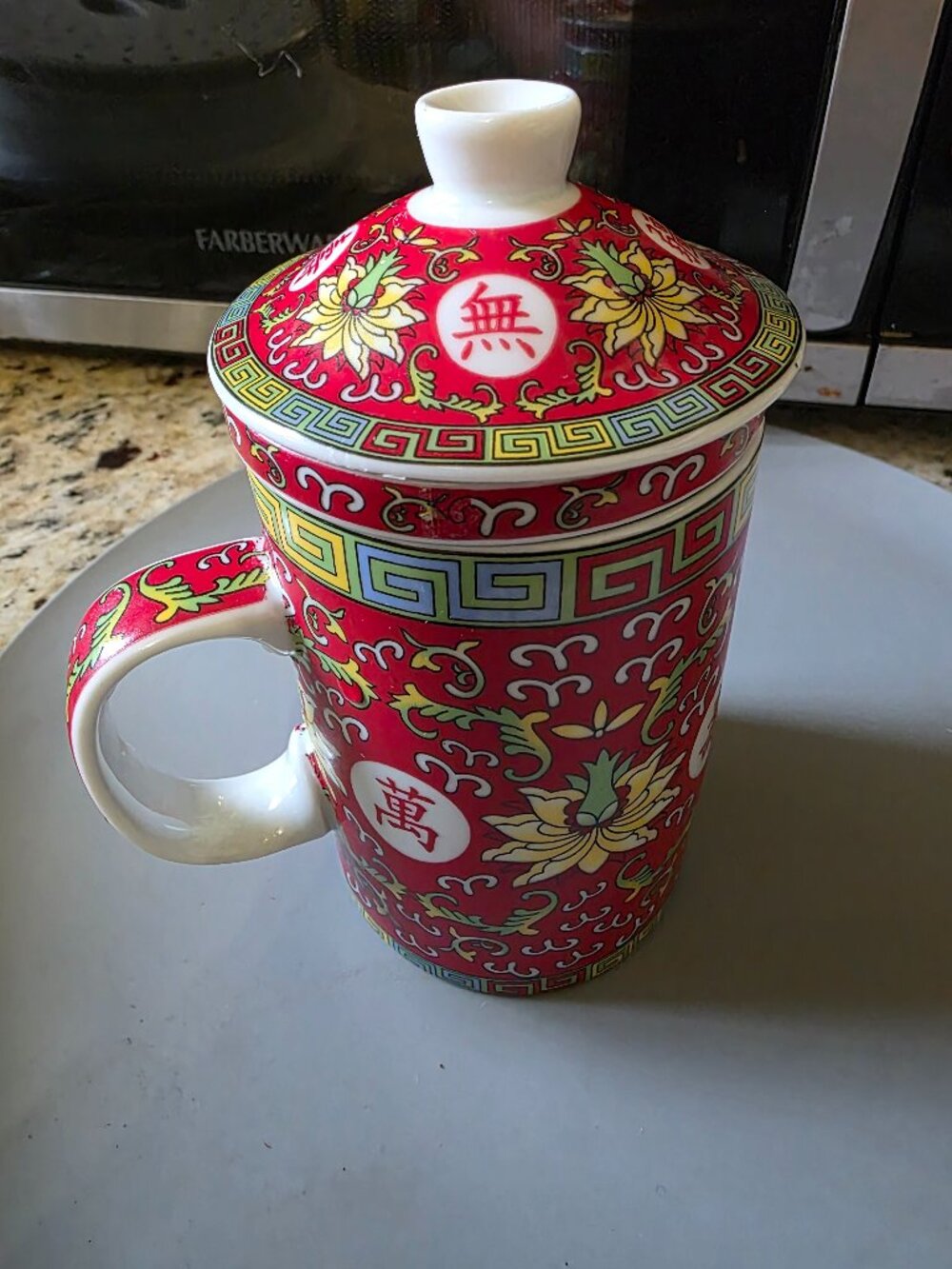 Chinese Porcelain Tea Infuser Mug w/ Lid Red Floral Asian Tea Brewing Cup